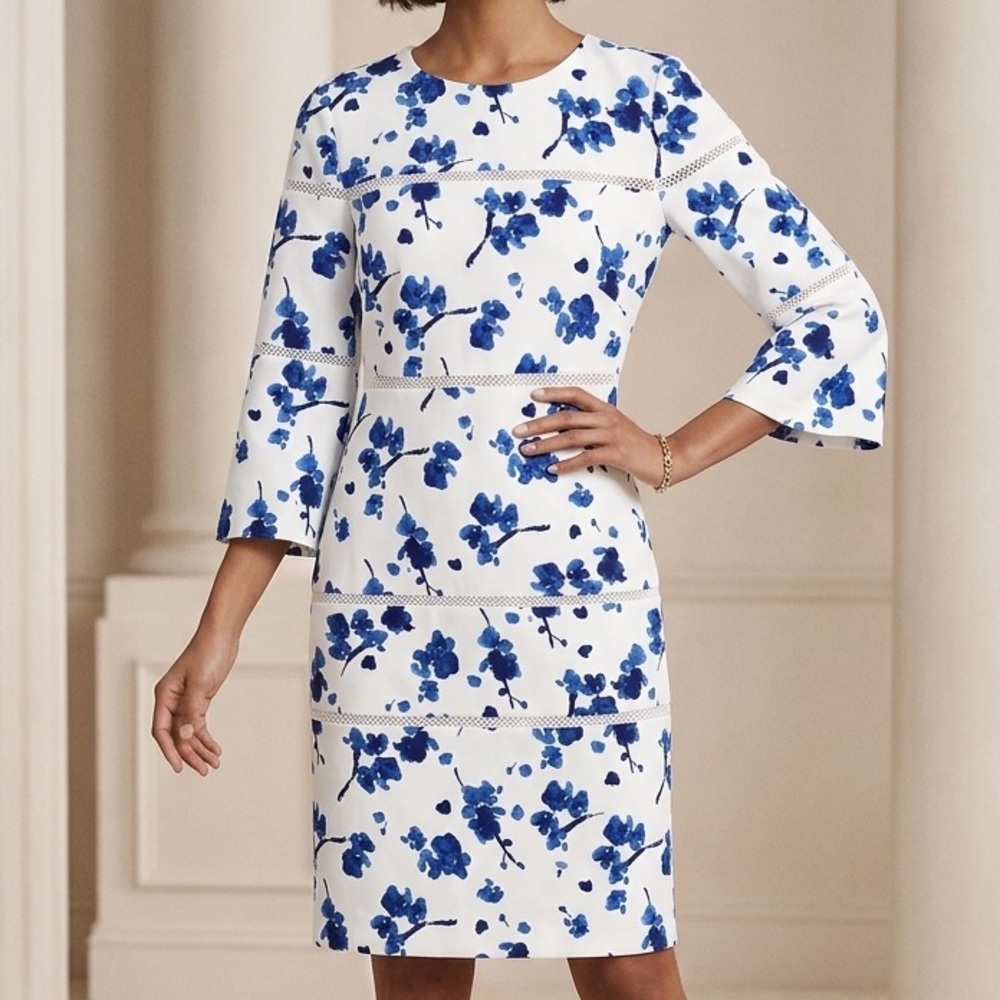 LRL Blue Floral 3/4 Sleeve shift  Dress